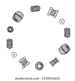 Threads Carrega a grinalda. Moldura de círculo de costura ou agulha, Borda para aulas artesanais, artesanato. Ilustração de vetor desenhada à mão. Vintage Line arte.