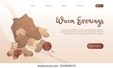 Threads and sweater. Warm evenings clothes, cozy winter for website, landing page. Flat vector illustration for poster, banner, advertising, cover. Knitting hand made products hobby poster concept.