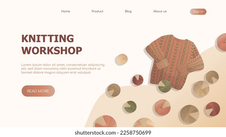 Threads and sweater workshop. Warm clothes, cozy winter for website, landing page. Flat vector illustration for poster, banner, advertising, cover. Knitting hand made products hobby poster concept.
