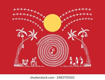 Threads of Tradition: A Captivating Warli Tapestry - A Day in the Village. Tree Warli art, Rural life painting India, Indian tribal art, Warli village scene, Warli. 