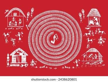 Threads of Tradition: A Vibrant Warli Tapestry of Indian Village Life. Joys of the Harvest: A Serene Warli Celebration of Abundance - India. Tribal art, Warli art, Rural life India