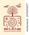 Threads of Unity: A Captivating Warli Tapestry - Harmony in the Village. Warli art, Rural life painting India, Indian tribal art, Warli village scene, Warli.