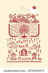 Threads of Unity: A Captivating Warli Tapestry - Harmony in the Village. Warli art, Rural life painting India, Indian tribal art, Warli village scene, Warli.