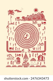 Threads of Unity: A Captivating Warli Tapestry - Harmony in the Village. Warli art, Rural life painting India, Indian tribal art, Warli village scene, Warli.