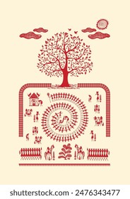 Threads of Unity: A Captivating Warli Tapestry - Harmony in the Village. Warli art, Rural life painting India, Indian tribal art, Warli village scene, Warli.