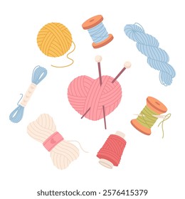 Threads and yarn for knitting, illustration on white background