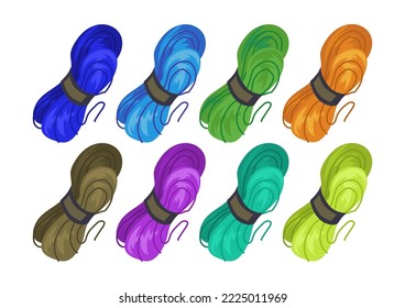 Threads of yarn set. Vector illustrations of skeins in different colors. Cartoon woolen or cotton clews for knitting, sewing, embroidery isolated on white. Handicraft, crochet, needlework concept