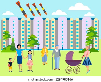 The threat of atomic war. Residential yard, families walk with children. Bombs fly on the city. Can use for web banner. In minimalist style. Flat isometric vector illustration