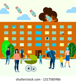 The threat of atomic war. Residential yard, families walk with children. Bombs fly on the city. Can use for web banner. In minimalist style. Flat isometric vector illustration