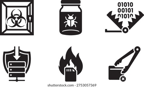 Threat Containment and Malware Isolation Symbols for Zero Trust Architecture ZTA Cybersecurity Solid Black Vector Silhouette Icon Set