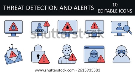 Threat Detection and Alerts icon set with virus warning, phishing email, suspicious login, ransomware screen, hacker alert, and red flag employee in minimal style.
