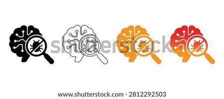 threat detection brain and malware bug scan icon set