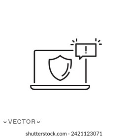 threat detection response icon, cyber security, attack caution cloud, thin line symbol isolated on white background, editable stroke eps 10 vector illustration