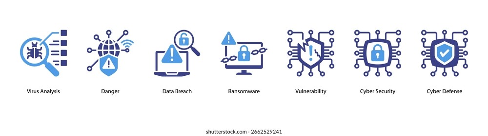 Ilustração vetorial do ícone de banner da Web de Detecção de Ameaças apresentando Análise de Vírus, Perigo, Violação de Dados, Ransomware, Vulnerabilidade, Segurança Cibernética e Defesa Cibernética.