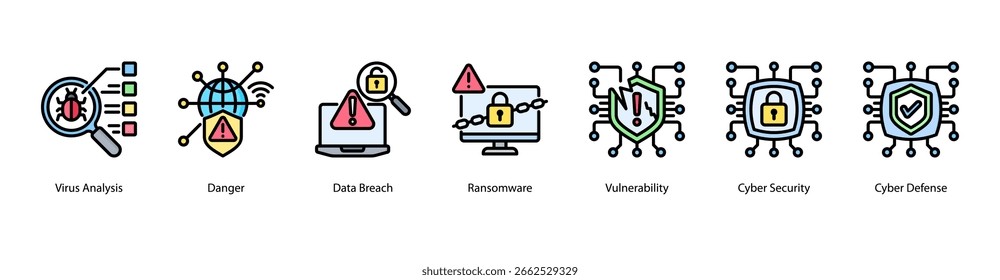 Ilustração vetorial do ícone de banner da Web de Detecção de Ameaças apresentando Análise de Vírus, Perigo, Violação de Dados, Ransomware, Vulnerabilidade, Segurança Cibernética e Defesa Cibernética.