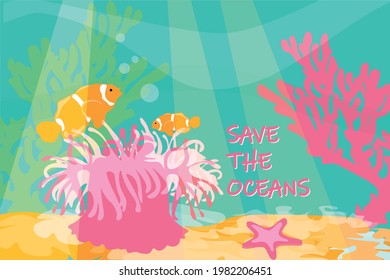 Threat to ecology and the environment. Clean water for marine inhabitants, discharge of sewage, water contamination. Reef fish. Save the oceans. Vector EPS10