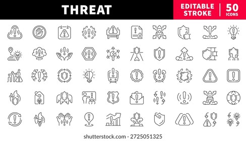 Conjunto de iconos de línea editable de amenaza, símbolos de advertencia y atención