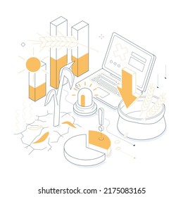 The threat of a lean year - colorful isometric line illustration. Composition with withered sprout, declining statistics graphs, laptop and ears of wheat. Crop failure idea