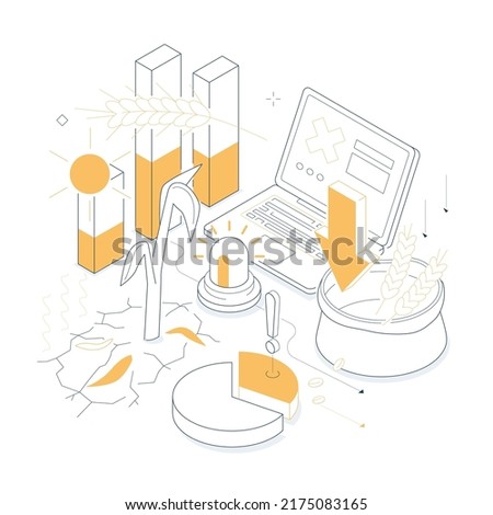 The threat of a lean year - colorful isometric line illustration. Composition with withered sprout, declining statistics graphs, laptop and ears of wheat. Crop failure idea