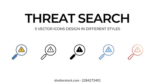 Amenaza con el diseño de iconos de búsqueda en cinco estilos con pulsación editable. Línea, Sólido, Línea plana, Color de tono Duo y Línea de degradado de color. Adecuado para diseño de páginas Web, aplicaciones móviles, UI, UX y GUI.