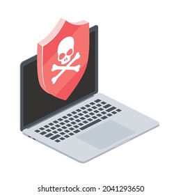 Threat, skull and bones, security shield on laptop screen. Vector 3d symbol, isometric, color web icons, new flat style. Creative design idea, concept for infographics.