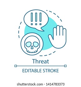 Threat turquoise concept icon. Virus, danger, warning hand idea thin line illustration. Exclamation mark sign, cyber attack, hacker. Data thief vector isolated outline drawing. Editable stroke