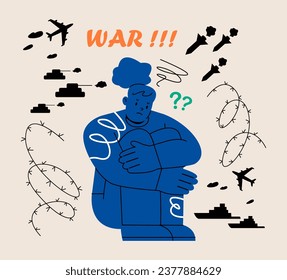 The threat of war. Psychological stress from the information war, Depression and harm to mental health. War fear concept. Colorful vector illustration
