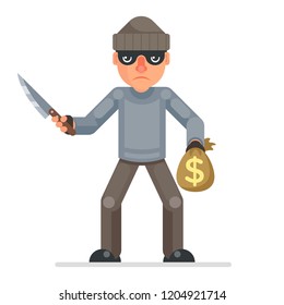 Threaten knife stole money evil greedily thief cartoon rogue character bulgar flat design isolated vector illustration