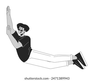 Threatened latin american man falling black and white 2D line cartoon character. Hispanic male trying to hold isolated vector outline person. Panic attack disorder monochromatic flat spot illustration