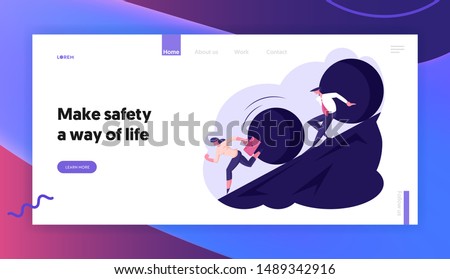 Threatening Big Problem to Businesspeople Website Landing Page. Business Woman and Businessman Running Away From Big Stone Rolling Down from Hill Web Page Banner. Cartoon Flat Vector Illustration