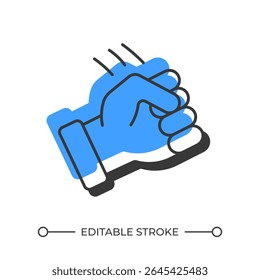 Threatening fist offset shadow line icon. Aggressive hand gesture. Punching attack. Physical assault danger. Bold outline symbol with solid blue fill. Modern flat illustration. Editable stroke