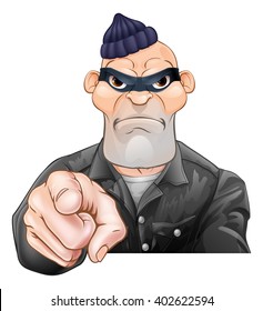 A threatening mean looking cartoon burglar or thief criminal, thug, bully or goon pointing