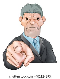 A threatening mean looking cartoon businessman, manager, boss or office bully pointing 