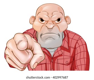 A Threatening Mean Looking Cartoon Thug, Bully Or Goon Skin Head Pointing 