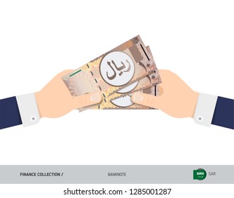 Three 10 Saudi Arabia Riyal Banknotes in the hand. Flat style vector illustration. Finance concept.