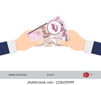 Three 10 Turkish Lira Banknotes in the hand. Flat style vector illustration. Finance concept.