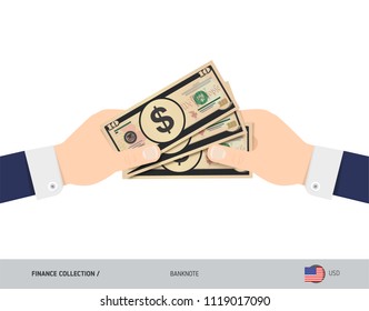 Three 10 US Dollar Banknotes in the hand. Flat style vector illustration. Finance concept.