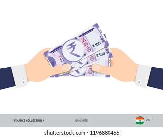 Three 100 Indian Rupee Banknotes in the hand. Flat style vector illustration. Finance concept.