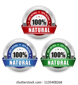 Three 100% natural badges with silver border and ribbon on white background