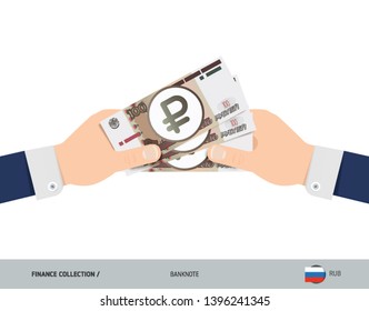 Three 100 Russian Ruble banknotes in the hand. Flat style vector illustration. Finance concept.