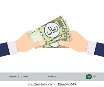 Three 100 Saudi Arabia Riyal Banknotes in the hand. Flat style vector illustration. Finance concept.
