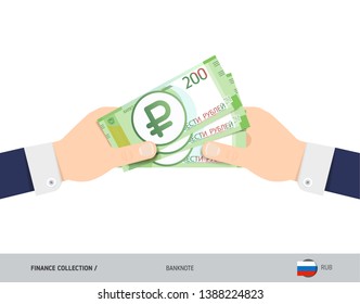 Three 200 Russian Ruble banknotes in the hand. Flat style vector illustration. Finance concept.