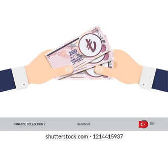 Three 200 Turkish Lira Banknotes in the hand. Flat style vector illustration. Finance concept.