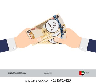 Tres billetes de Dirham de los Emiratos Árabes Unidos en la mano. Ilustración vectorial de estilo plano. Concepto de finanzas.