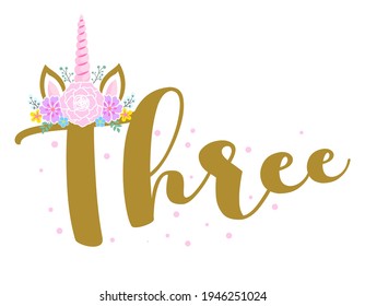 Tres (3) Cumpleaños Niña bebé tercer año. Reina de la princesa. Toppers para pastel de cumpleaños. Número 3. Es bueno para los tostadores de torta, camisetas, ropa, tazas, carteles, textiles, regalos, juegos para bebés. Unicornio.