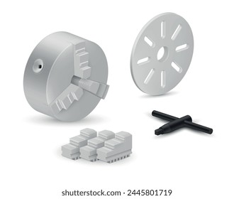 Drei 3-Backen-selbstzentrierende Drehfutter-Schraubenschlüssel-Werkzeugpfosten-Halter setzen realistische Vektorillustration. Vorrichtung zur Befestigung von Teilen Spindel Achse Engineering Getriebe Instrument industrielle mechanische Drehkomponente