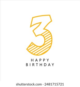 Three, 3 Logo, 3rd Happy birthday, 3rd years anniversary, Three Birthday handwritten. Happy Birthday card.