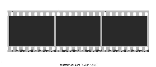 Three 3 photo camera blank frames. Retro 35 mm black and white camera filmstrip. Negative camera roll. Applicable as photo collage. Vector illustration