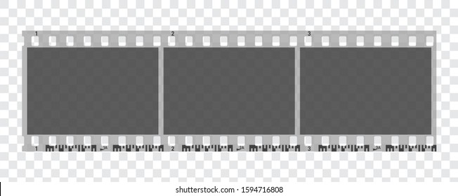 Three 3 photo camera blank frames. Retro 35 mm black and white camera filmstrip. Negative camera roll. Applicable as photo collage. Vector illustration