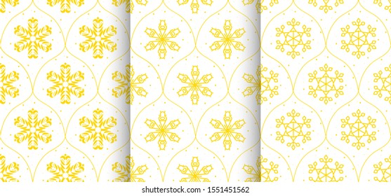 Three (3) Seamless pattern with gold snowflakes on a white background